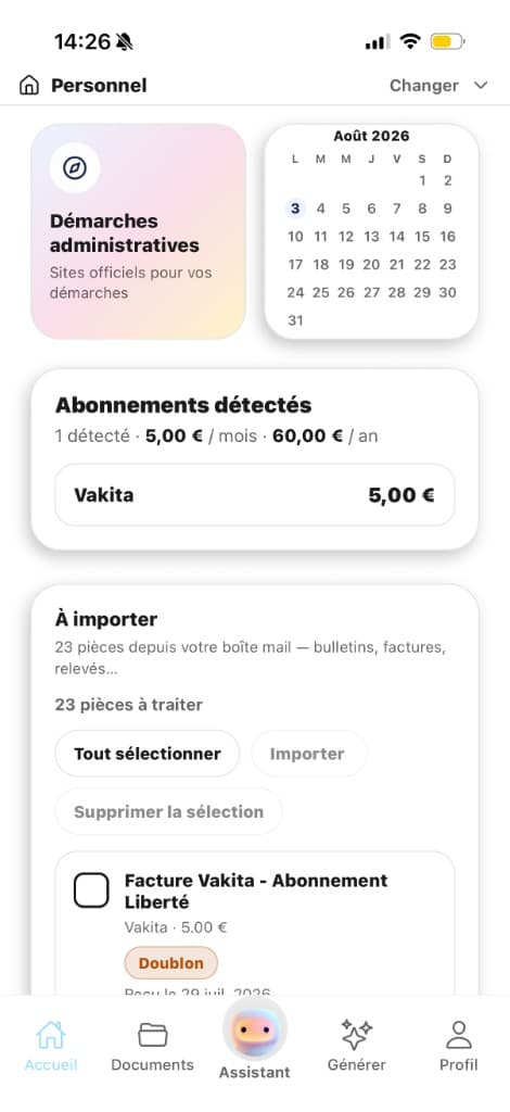 Écran Accueil Paipers : démarches, agenda, abonnements détectés et pièces à importer depuis la messagerie.